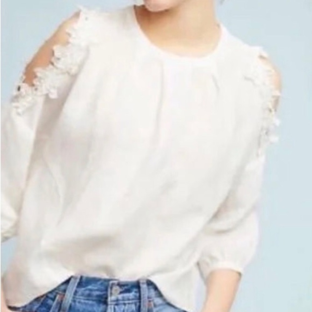 White Linen Cold Shoulder Blouse Large